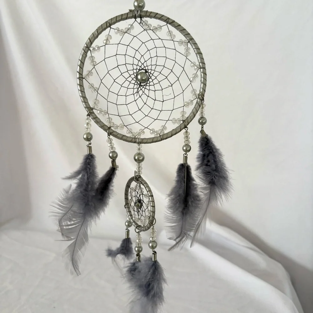 Iridescent beaded dream catcher blue home decor wall hanging